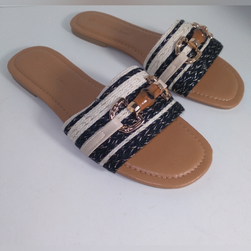 Beige and Black Band W/Bamboo Design Slide Sandals - Picture 4 of 7